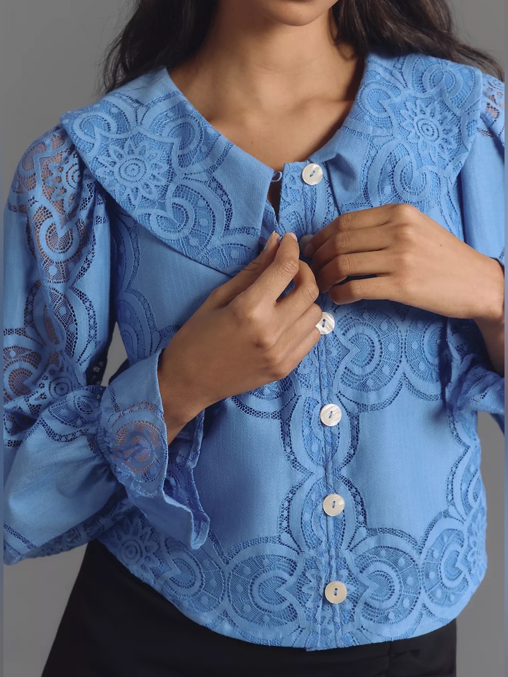 Anthropologie Maeve Long-Sleeve Collared Button Front Lace Blouse